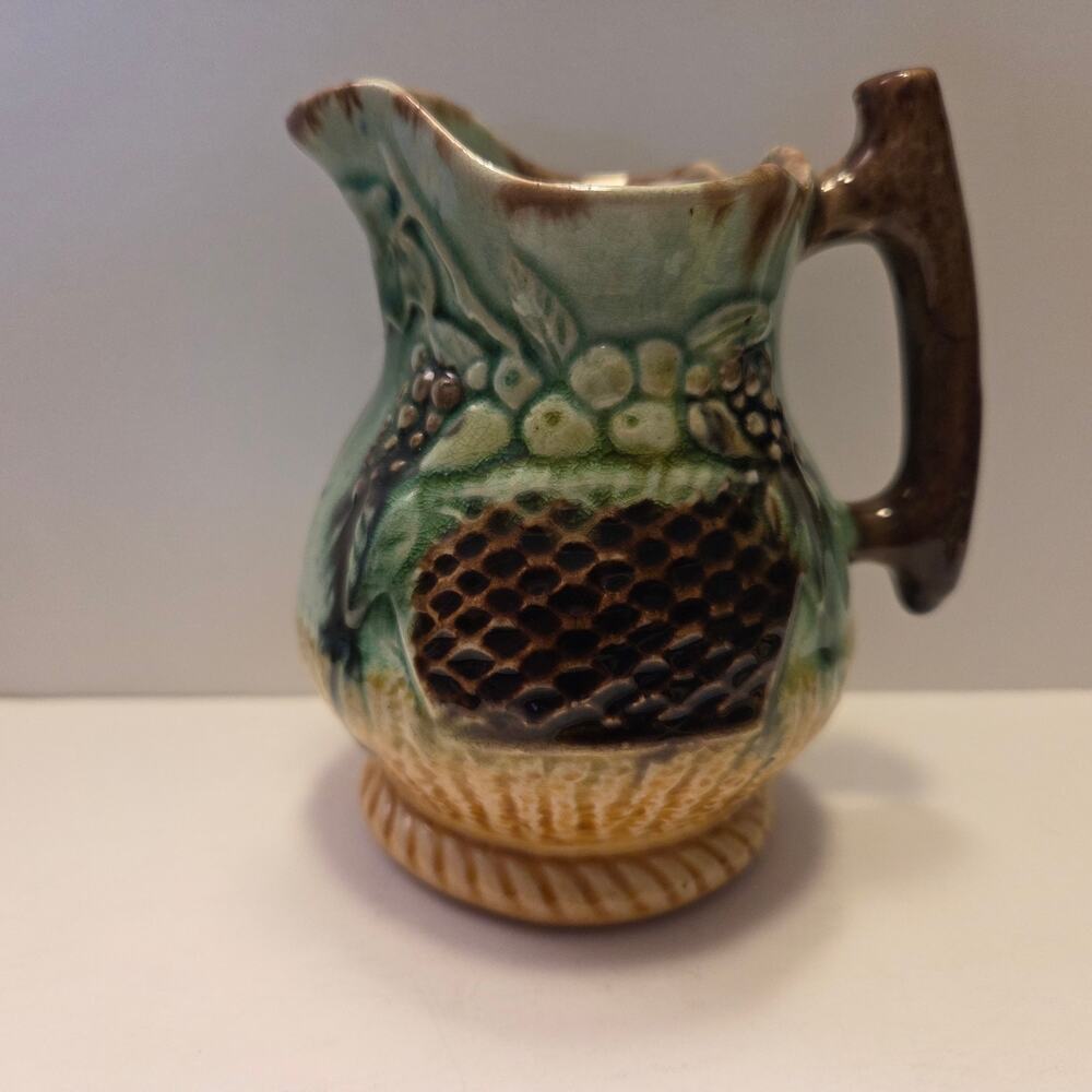 Antique Majolica Pottery Pitcher Victorian Fruit Basket "Branch" Handle